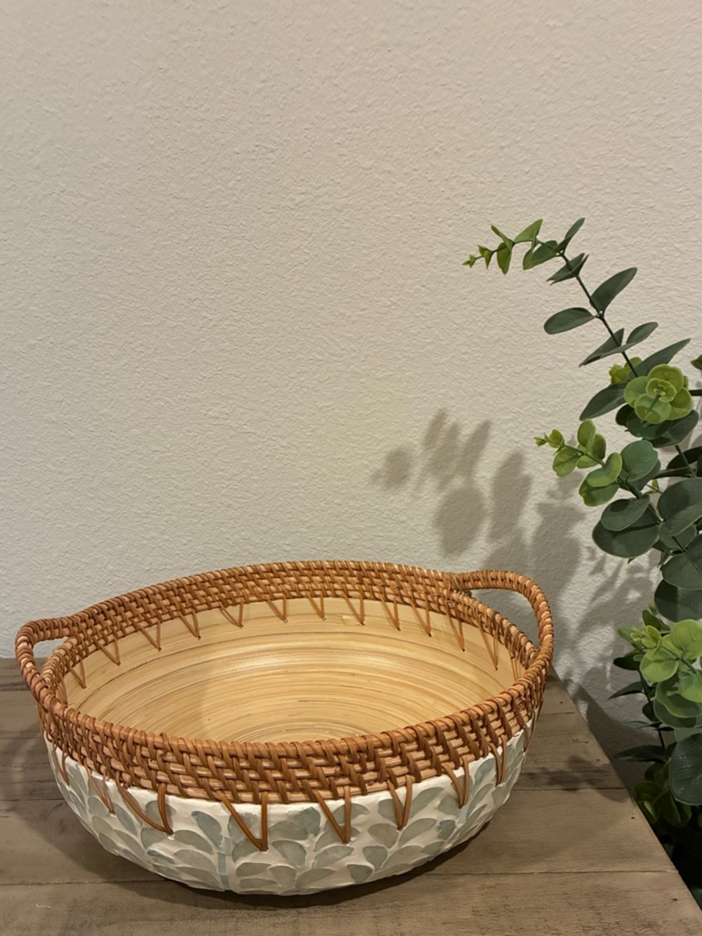 Woven Rattan and Capiz Shell Bowl.